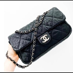 CHANEL CLASSIC LE MARAIS QUILTED MEDIUM FLAP BLACK COATED CANVAS SHOULDER BAG